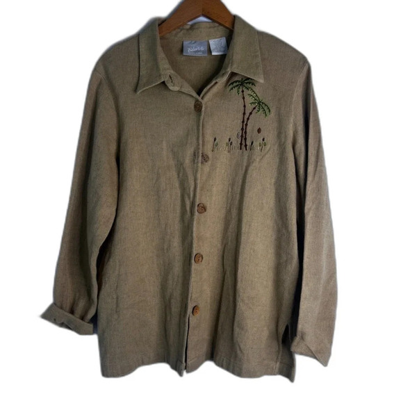 Blair Tan Linen Blend Safari Palm Tree Button Front Long Sleeve Top Size Large - Picture 1 of 9